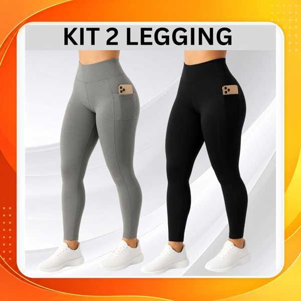 2 Calças Legging com Bolso Lateral Suplex Cós Alto Largo Academia Crossfit Verão Fitness