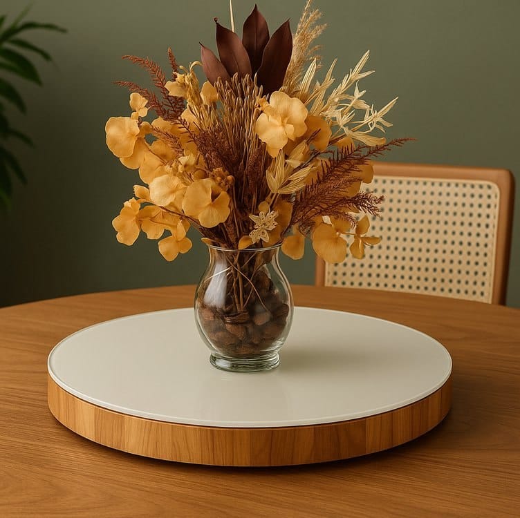 Centro de Mesa Off White 60cm com Tampo de Vidro Giratório