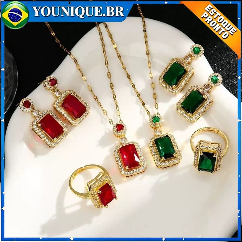 Conjunto 3 Peças Aço Inoxidável com Esmeralda