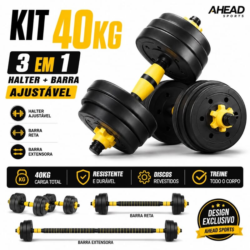 Kit Halteres 3 em 1 40kg Anilha Barra Musculação