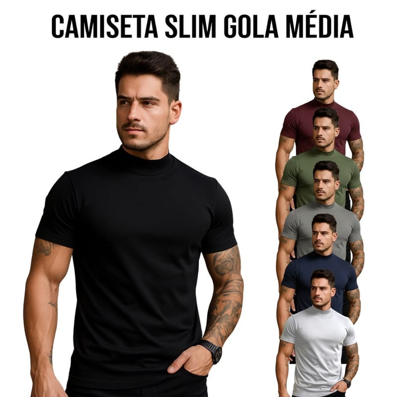 Camiseta Masculina Slim Fit Gola Média Algodão Premium