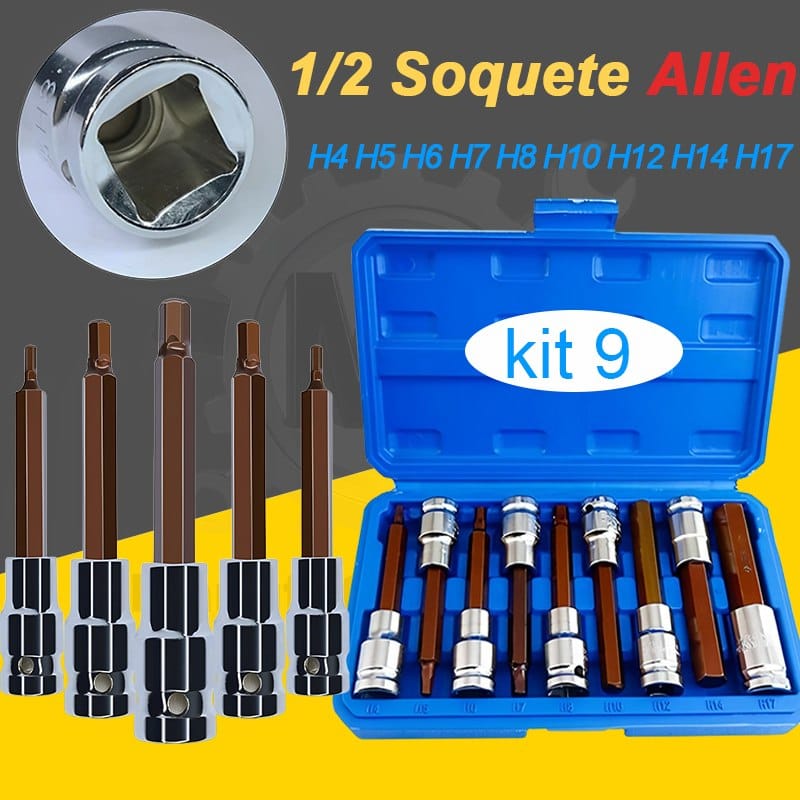 Kit Bits 1/2 Soquete Allen Comprido para Chave de Impacto