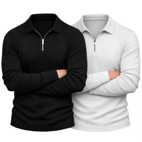 Camisa Polo de Manga Longa Canelada com Zíper