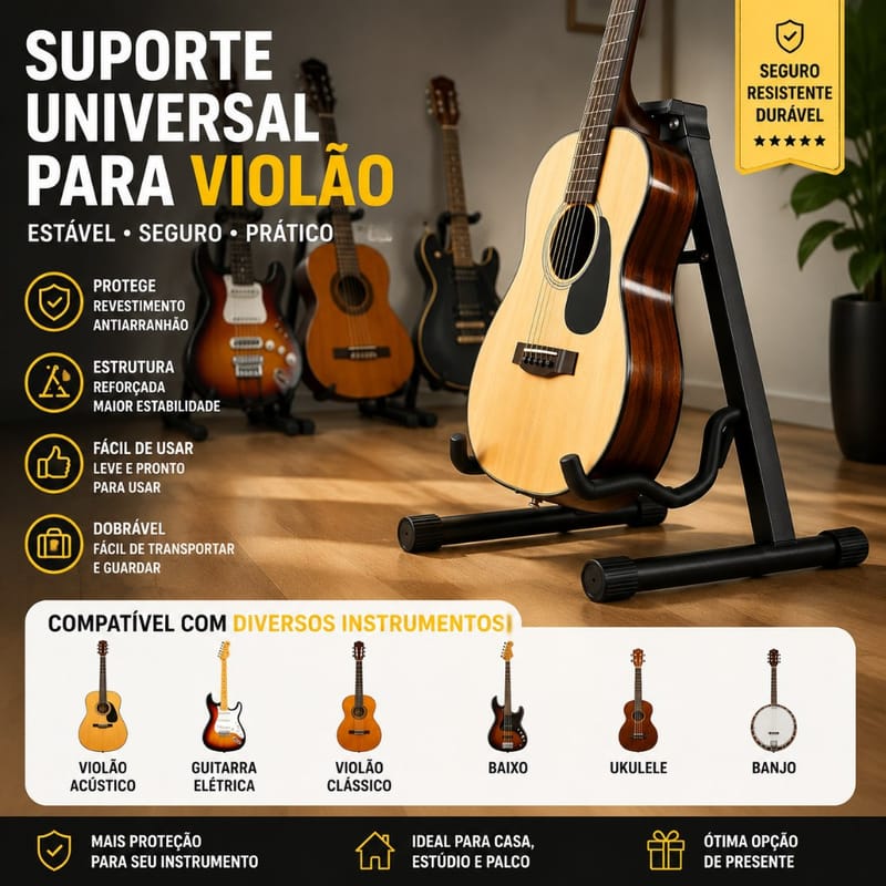 Suporte de chão para guitarra e instrumentos musicais