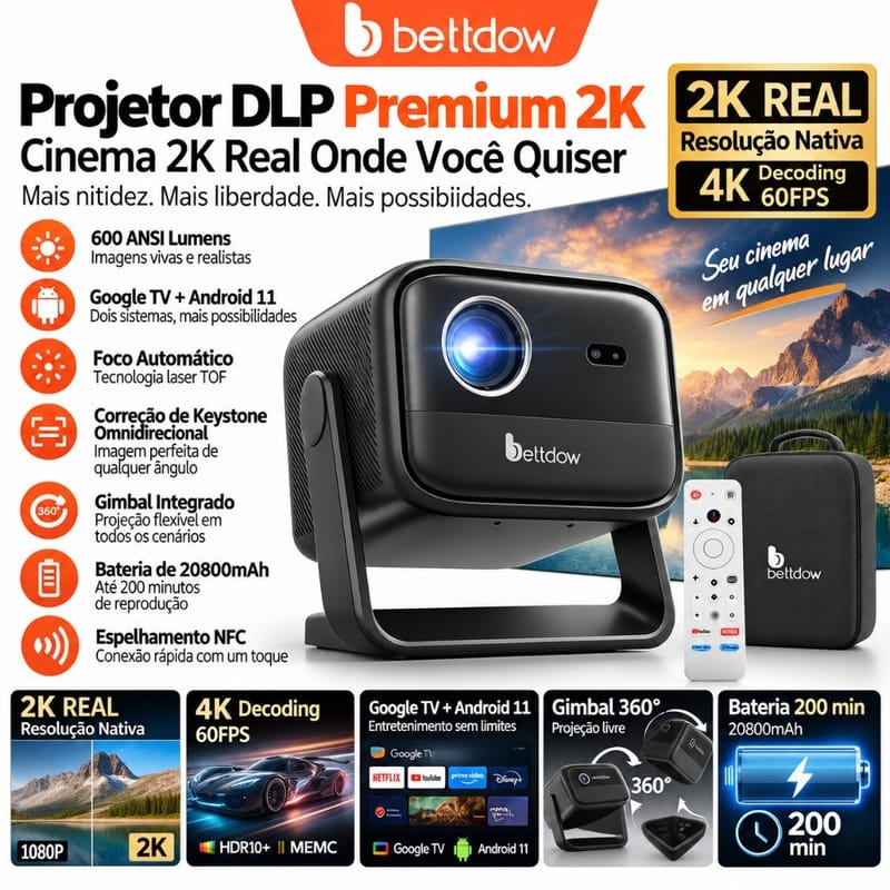 Projetor BETTDOW 4K DLP 600ANSI com Google TV