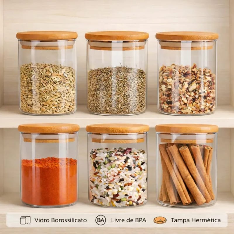 Kit 6 Potes de Vidro Porta Temperos Herméticos