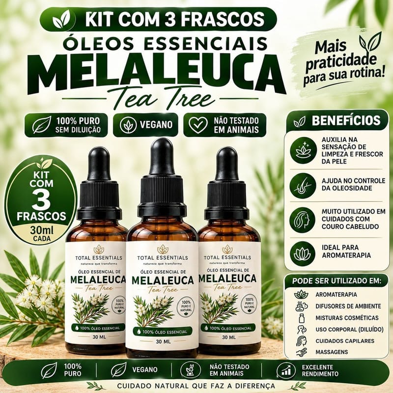 Óleo Essencial de Melaleuca Tea Tree 100% Puro Kit 3x30ml