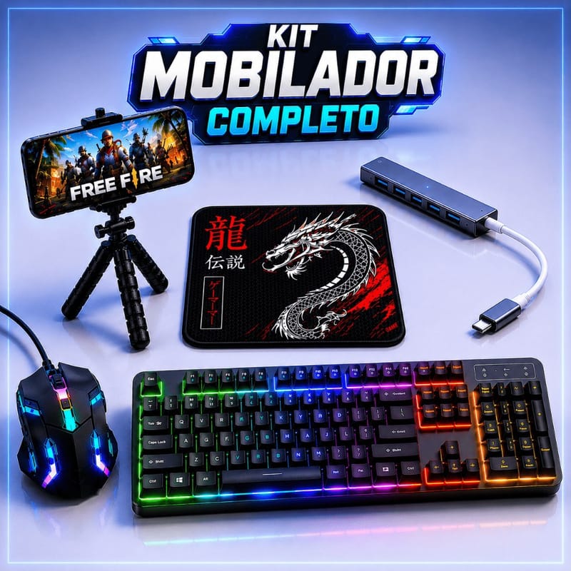 Kit Gamer Para Celular Mobilador Teclado RGB Mouse Hub USB Tripé