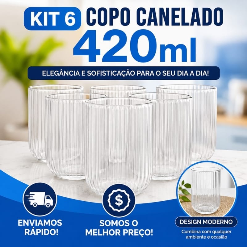 Jogo De Copos De Vidro Canelado Com 6 unidades Transparente Grosso Suco Agua Vitamina 420 ml