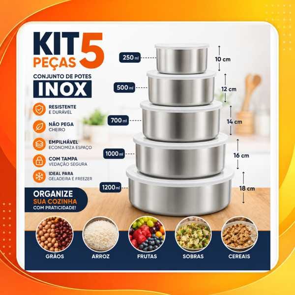 Kit 5 Potes Inox Com Tampa Redondo Porta Alimentos Cozinha Jogo Organizador Cozinha