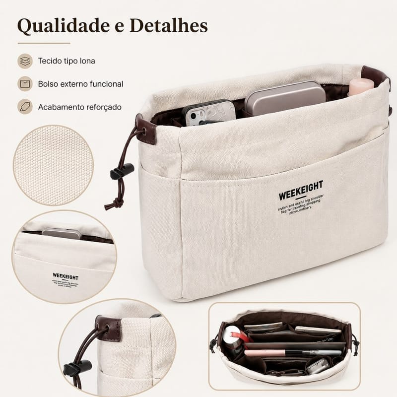 Bolsa organizadora de lona com cordão e bolsos
