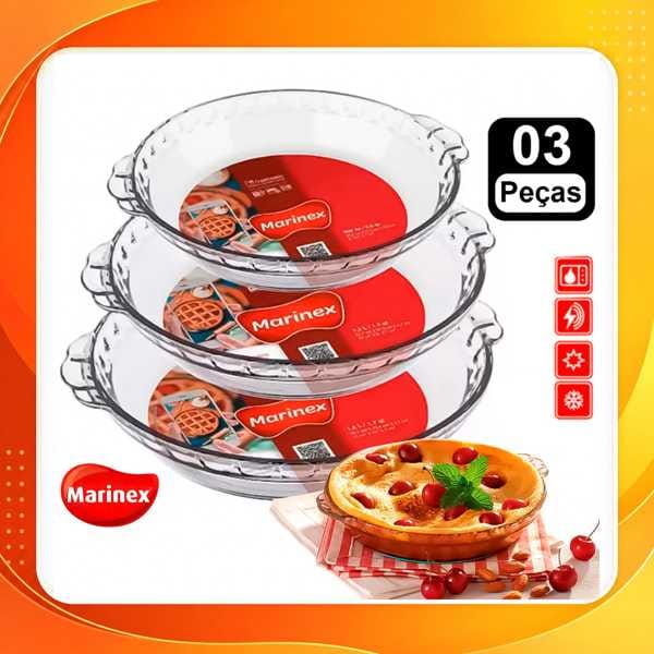 Jogo 3 Assadeiras Vidro Filetada Marinex 0,6L 1,3L 1,6L