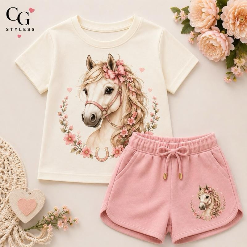 Conjunto Infantil Feminino Cavalo Country. Camiseta + Short Rosa