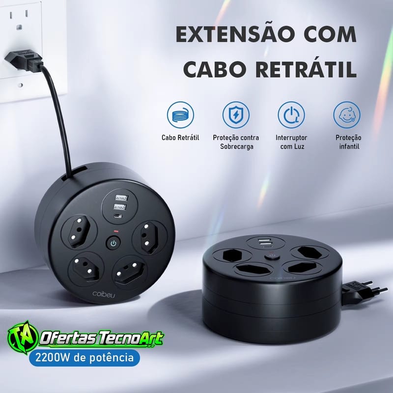 Extensão com cabo retrátil 4 tomadas + USB-A e USB-C 2200W